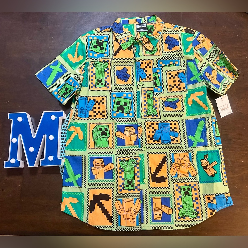 Boys' Minecraft Woven Button-Up Shirt -Mint Green L (10/12)